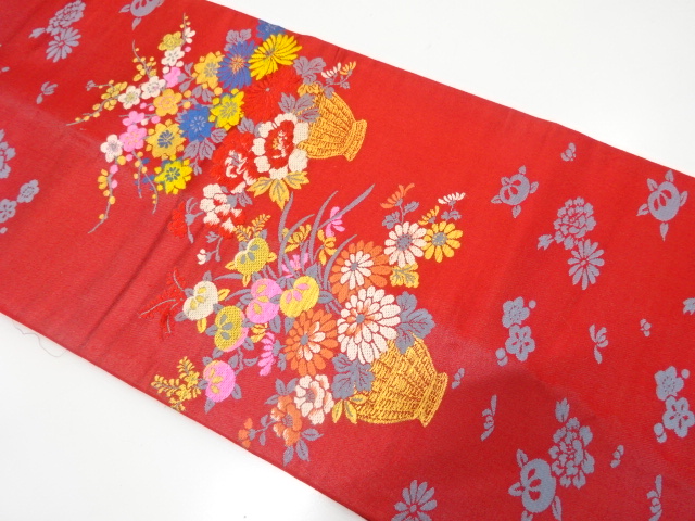 JAPANESE KIMONO / ANTIQUE NAGOYA OBI / SILK / WOVEN FLOWER BASKET PATTERN